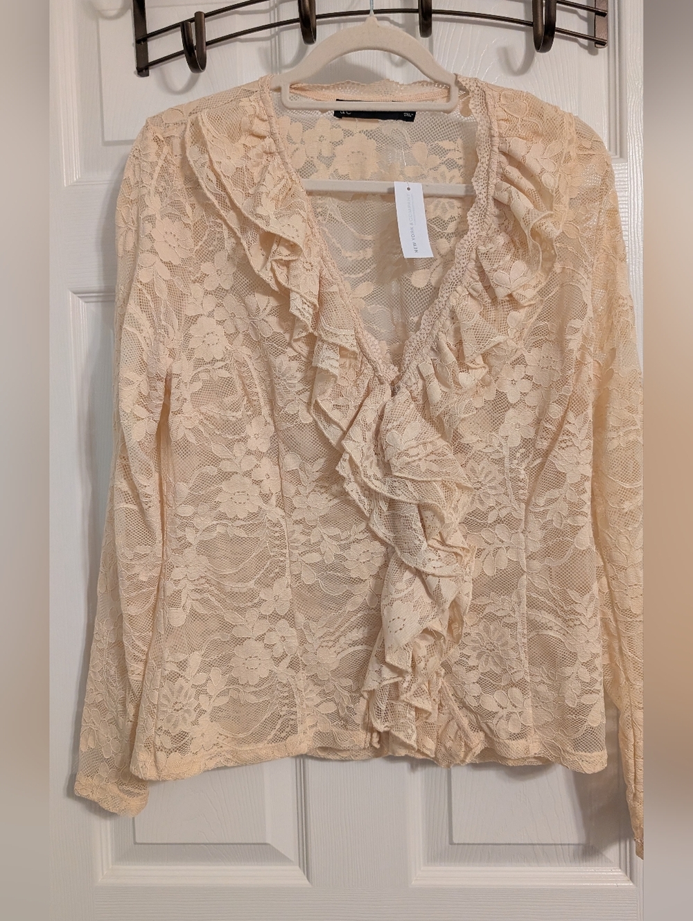 New York & Company Lace Ruffle V-Neck Blouse - Cream